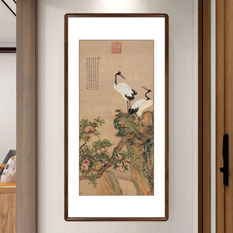名家国画花鸟画客厅吉祥装饰画入户玄关仙鹤挂画邹一桂蟠桃双寿图