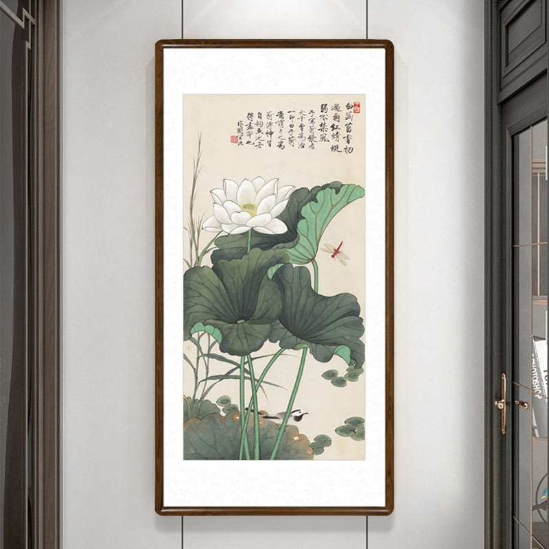 于非闇荷花国画实木画框中式客厅玄关装饰画书房走廊过道竖幅字画