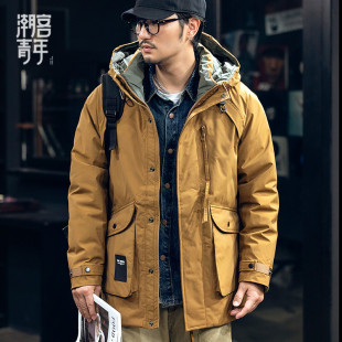 春秋羽绒服男士白鸭绒长中款宽松保暖上衣冬季工装连帽外套棉服
