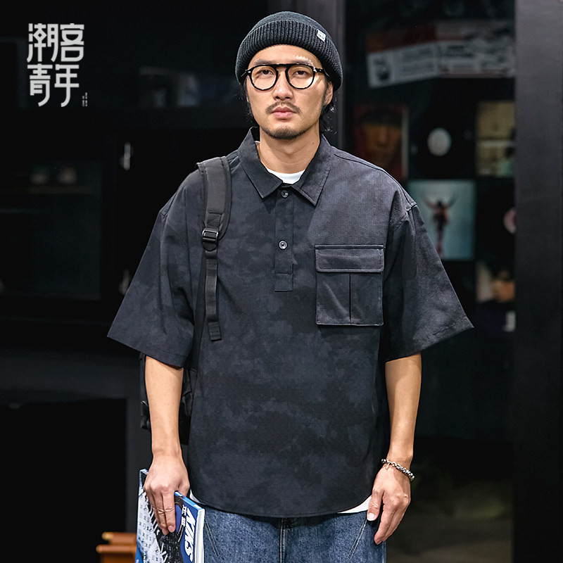 夏季薄款polg领短袖衬衫男士宽松大码潮牌工装开衫夏天半袖衬衣