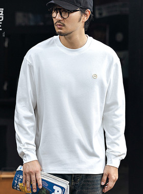 春秋白色长袖T恤男230g宽松大码潮牌秋季圆领打底衫男士刺绣上衣