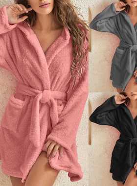 Womens winter warm bathrobe 法兰绒睡袍浴衣珊瑚绒连帽家居服新