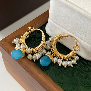 流苏耳坠蓝宝石耳饰 高级感耳扣短款 麻花线圈珍珠耳环2025新款 爆款