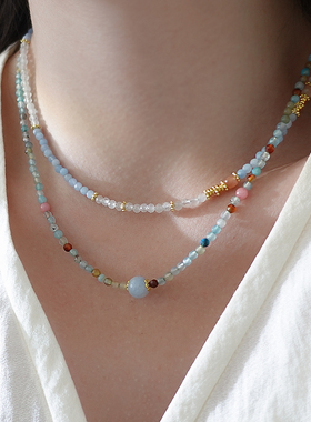 蓝色天然石项链轻奢小众串珠锁骨链2024新款爆款高级感新中式颈链