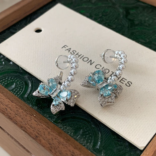 蓝色蝴蝶结耳钉2025新款 高级感珍珠耳环女轻奢小清新满钻耳饰 爆款