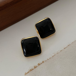 黑色方形耳钉2024年新款 珐琅耳环轻奢高级感简约复古滴釉耳饰 爆款