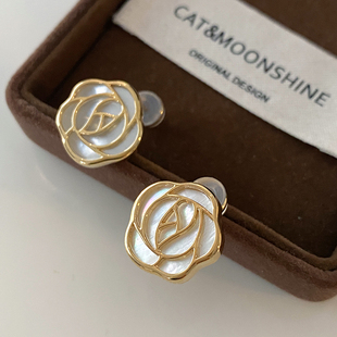 金色花朵耳饰 高级感耳环轻奢法式 天然贝母山茶花耳钉2025新款 爆款