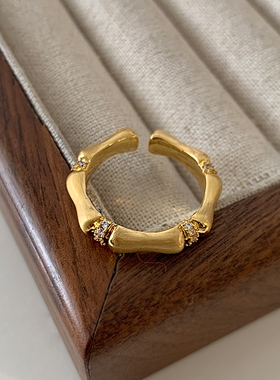 拉丝金属竹节戒指轻奢高级感镶钻开口戒2025新款爆款小众设计指环