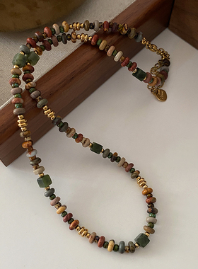 波西米亚绿色天然石项链串珠玛瑙锁骨链轻奢高级感民族风复古颈链