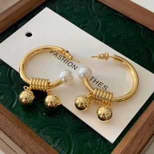 金属圈圈耳环轻奢高级感弹簧球球耳坠2024新款 欧美风珍珠耳饰 爆款
