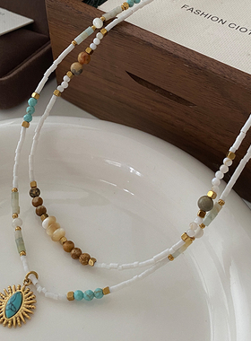 白色天然石项链女款2024新款绿松石吊坠锁骨链小众设计感串珠颈链