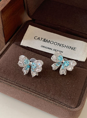 蓝色满钻蝴蝶结耳钉2025新款爆款高级感法式耳环轻奢气质大气耳饰