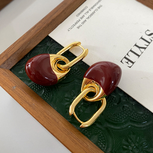 红色珐琅金属耳环2025新款 高级感耳扣轻奢复古风安克拉红耳饰 爆款