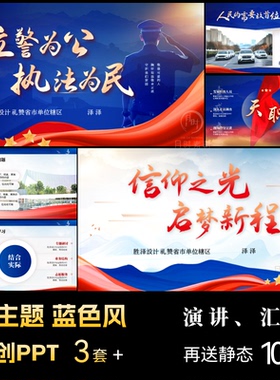 高端大气红色主题蓝色动画PPT模板警务采风演讲述职汇报代制作