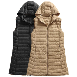 日本优衣连帽羽绒马甲女士中长款秋冬坎肩羽绒马夹背心外穿外套薄