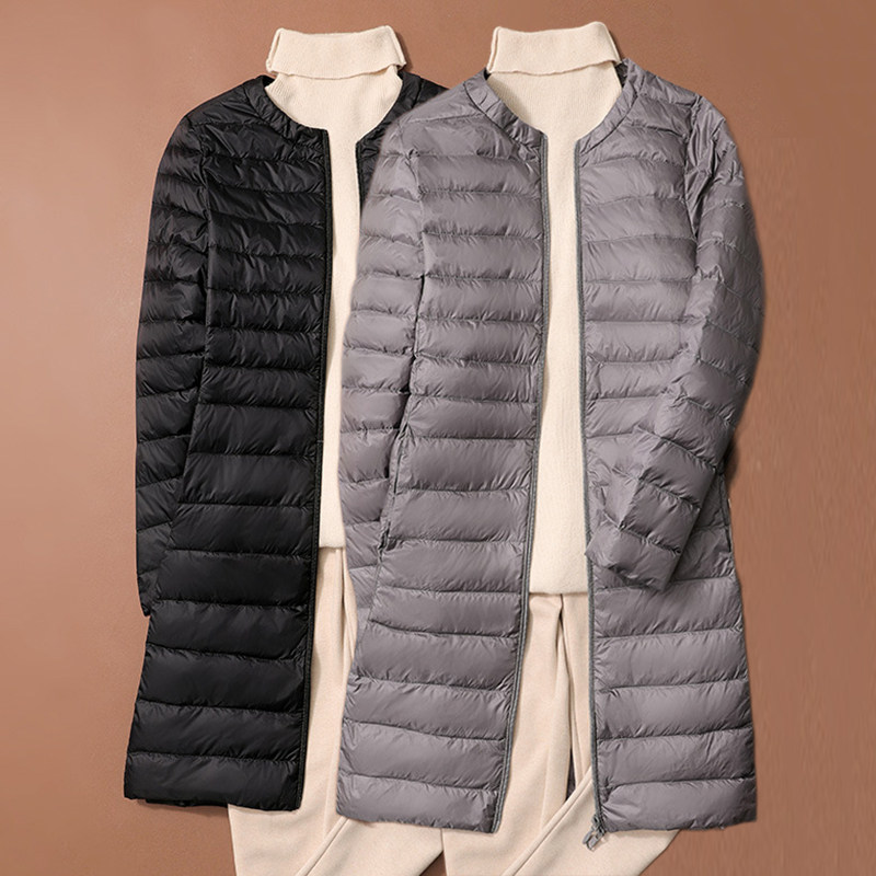 优衣轻薄羽绒服女中长款圆领妈妈大衣内搭保暖大码内胆长款外套冬