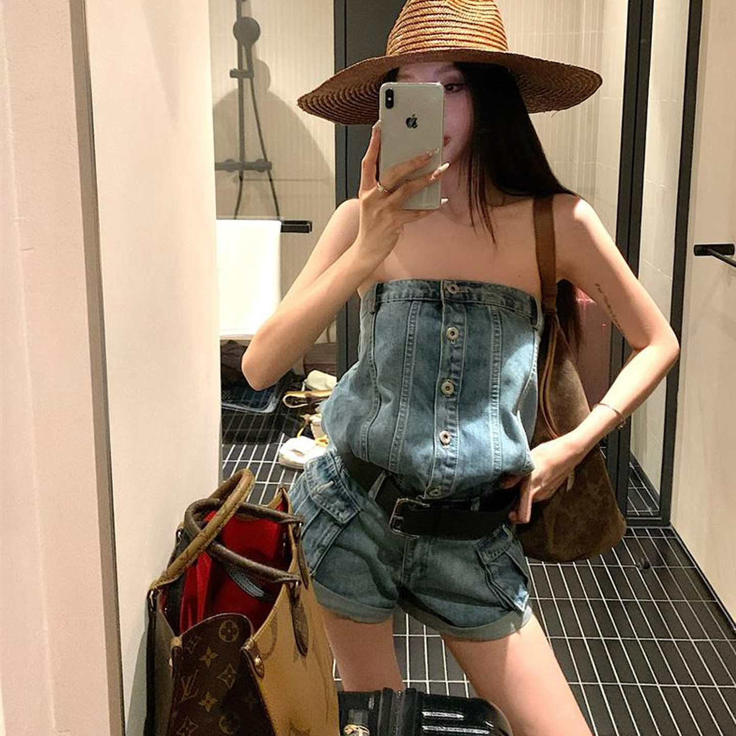 复古美式工装牛仔连体裤女夏季韩系辣妹设计感排扣阔腿连身短裤潮
