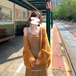 法式慵懒风橘黄色毛衣开衫女秋冬新款宽松显瘦氛围感针织外套上衣