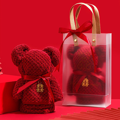 毛巾伴手礼婚庆款小熊造型酒红毛巾礼盒结婚伴娘伴手礼回礼物高级