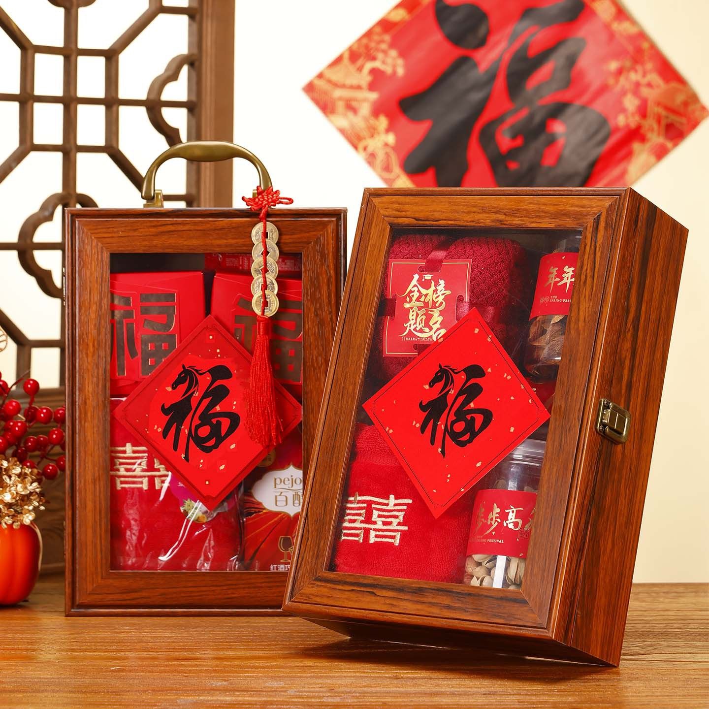 2025新年木质开窗手提盒马年礼盒对联红酒年货包装盒春节礼盒空