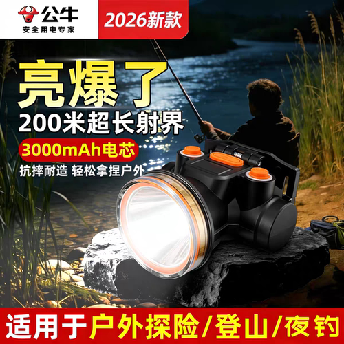 公牛夜钓头灯强光充电超亮头戴式