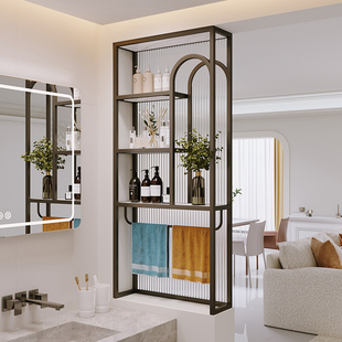 奶油风半墙屏风卫生间洗漱台干湿分离置物架客厅长虹玻璃隔断柜子