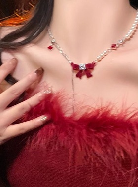 红色系蝴蝶结珍珠项链女敬酒服圣诞锁骨链订婚颈链轻奢高级感配饰
