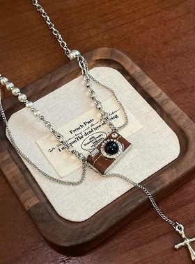 复古棕色相机流苏钛钢项链女甜酷辣妹风珍珠卫衣链设计感叠戴项链