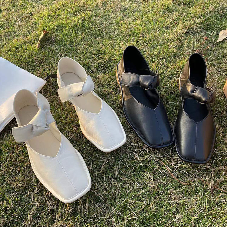 西班牙小众hereu 蝴蝶结羊皮方头浅口两穿平底软面奶奶单鞋女鞋22
