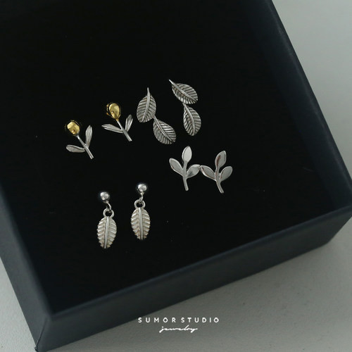 S925纯银叶子花朵耳钉养耳洞