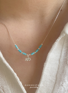 S925纯银松石串珠淡蓝色系项链小象小众设计锁骨链清新春夏百搭12