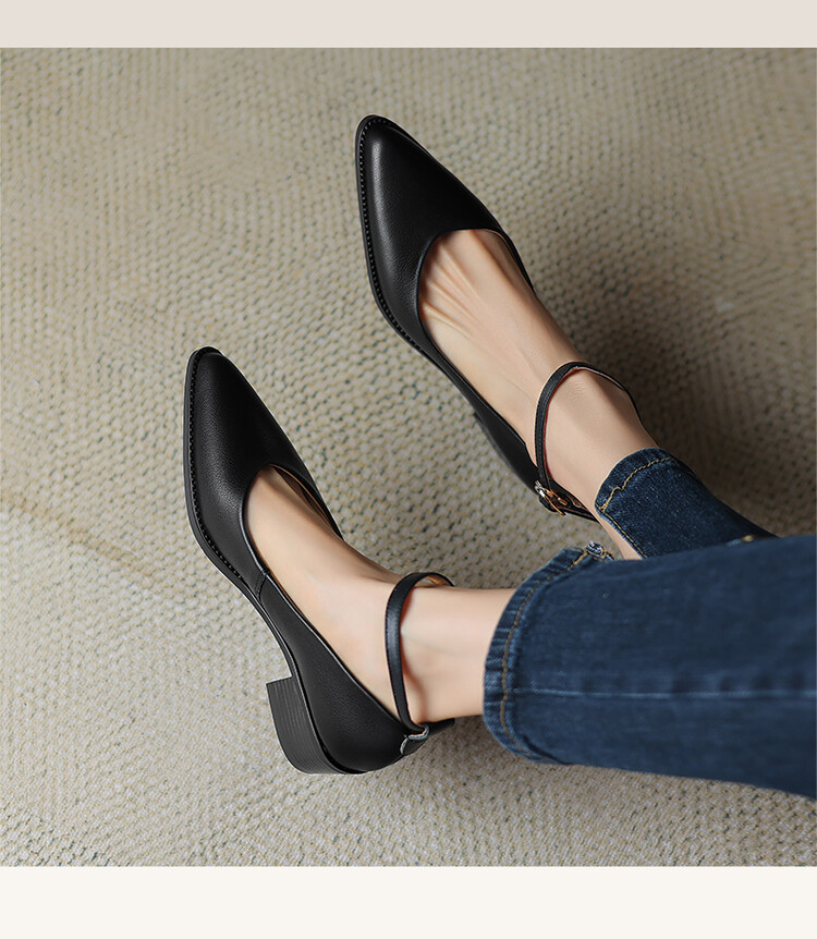 新款韩系复古尖头浅口单鞋百搭休闲粗跟玛丽珍鞋女小皮鞋 41-42
