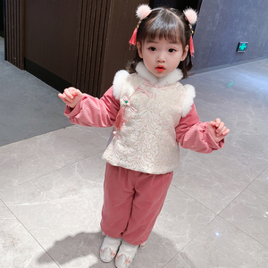 儿童唐装女宝宝中国风汉服套装加厚加绒款童装冬装拜年服礼两件套