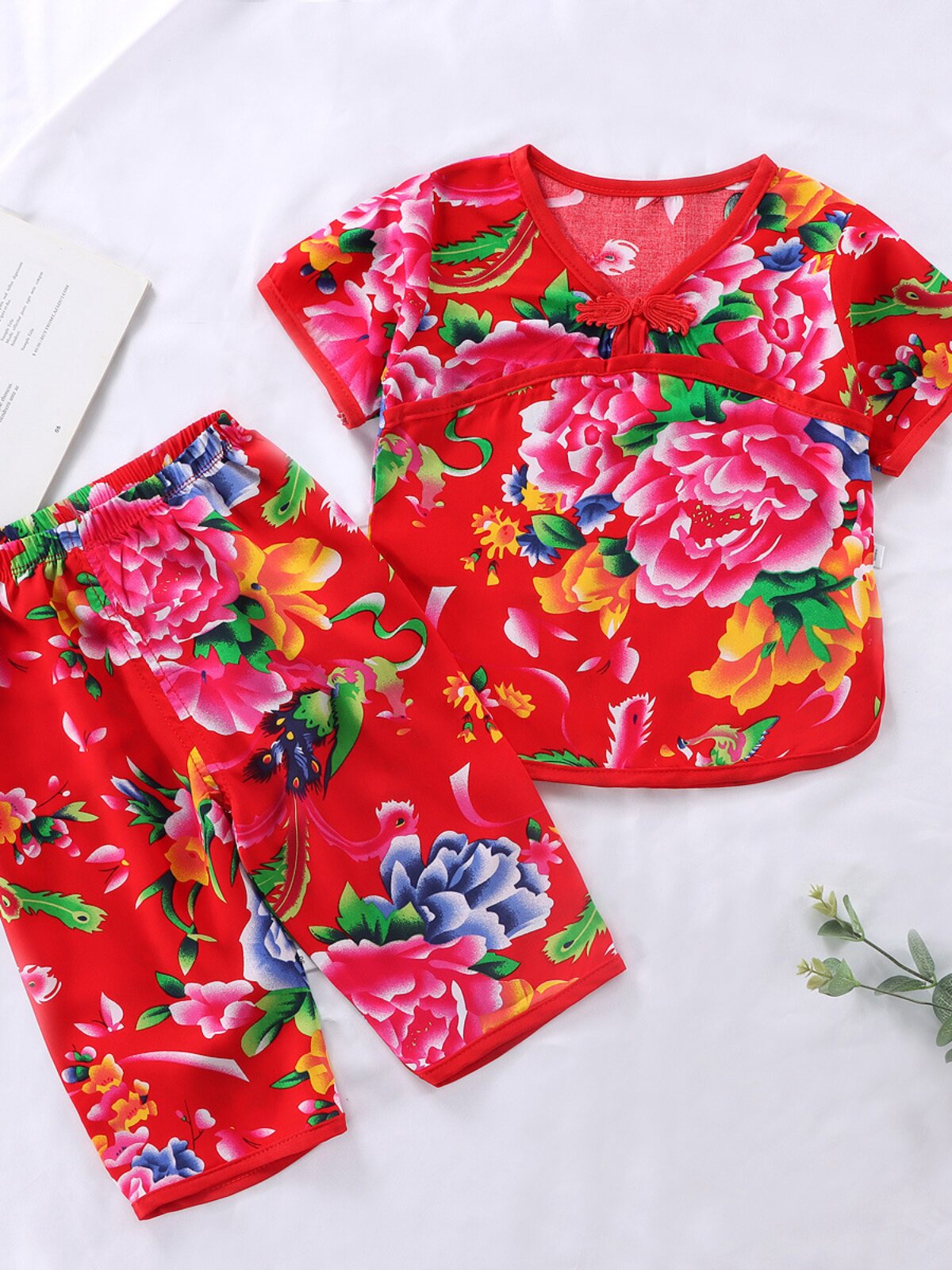 TODDLER LOUNGEWEAR SET NET RED BABY COTTON SILK NORTHEAST BIG FLOWER SHORT-SLEEVED CROPPED PANTS MENS AND WOMENS TREASURE SUMMER PAJAMAS TIDE