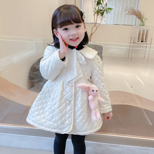 女童秋冬新款兔耳朵夹棉外套送兔玩偶时尚女宝宝娃娃领夹棉风衣潮