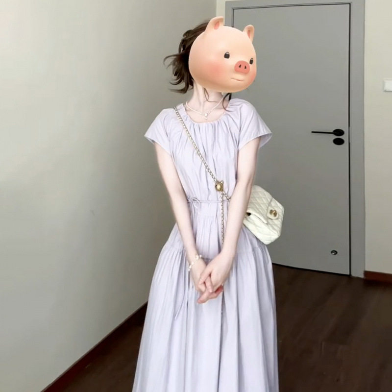 2025新款紫色短袖连衣裙子女夏季高级感韩系收腰显瘦气质绝美长裙