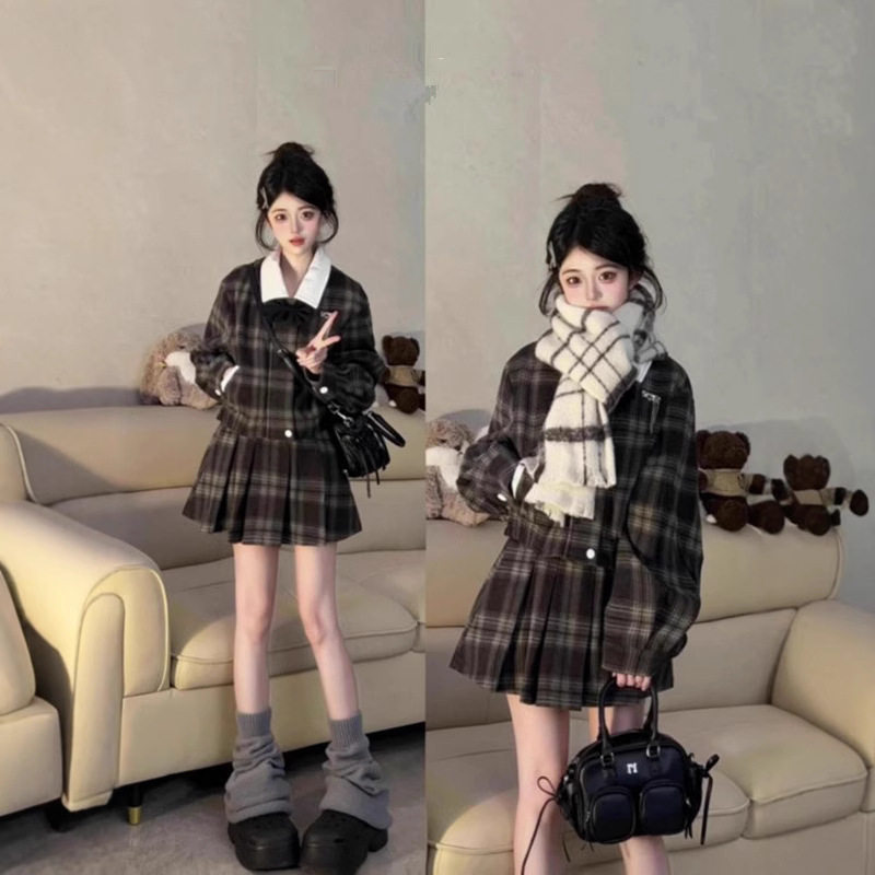 格子百褶裙套装女秋冬新款美式复古学院风日常通勤半身裙上衣