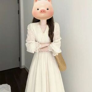 法式初恋长袖连衣裙蕾丝拼接收腰系带领绣花温柔风秋季超仙