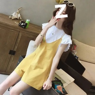 原版2025女装背带裤短裤套装夏胖mm微胖遮肚子显瘦藏肉两件套