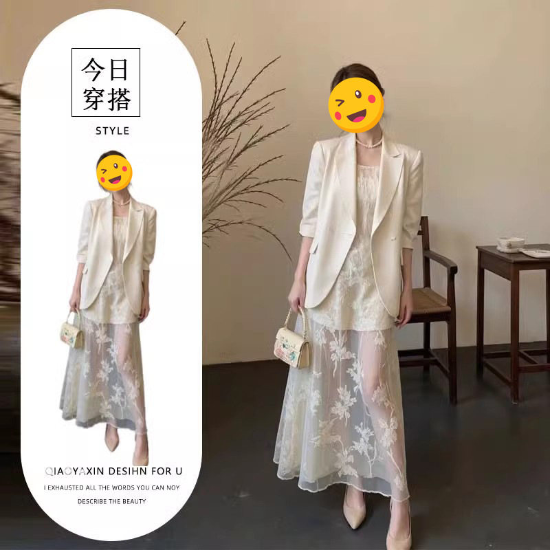 开春miu里miu气穿搭2025超火春装小香风西装外套吊带连衣裙套装女