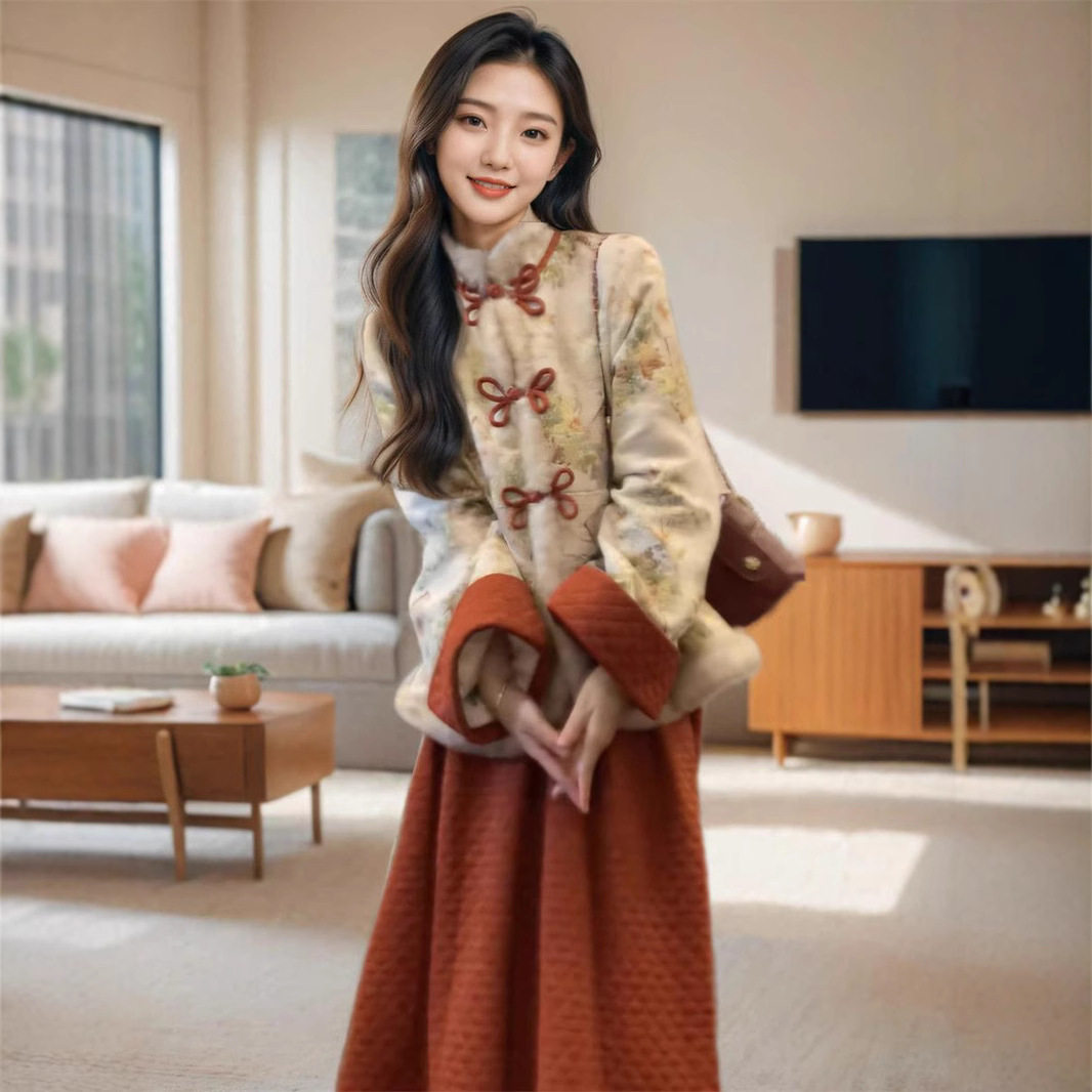 新中式国风年轻款少女红色改良旗袍2024年冬季加厚棉服小...