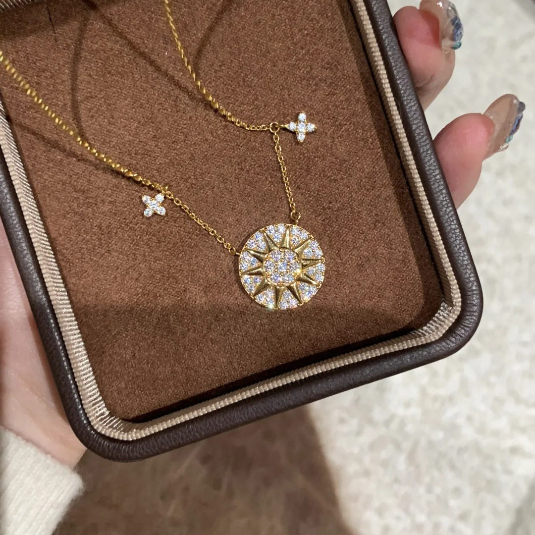 中古金色爆闪满钻八芒星罗盘项链女轻奢高级钛钢不掉色锁骨链饰品