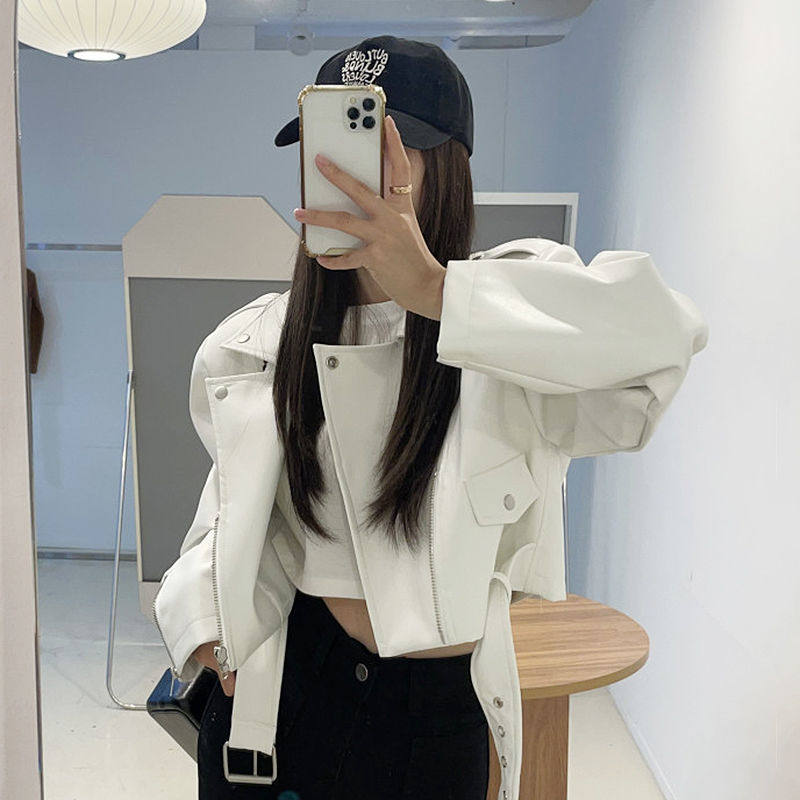 韩国chic春秋港风复古西装领大口袋系带收腰短款机车PU皮衣外套女