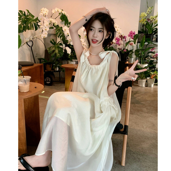 绑带挂脖连衣裙仙女夏季度假风休闲裙子慵懒风气质露肩无袖长裙