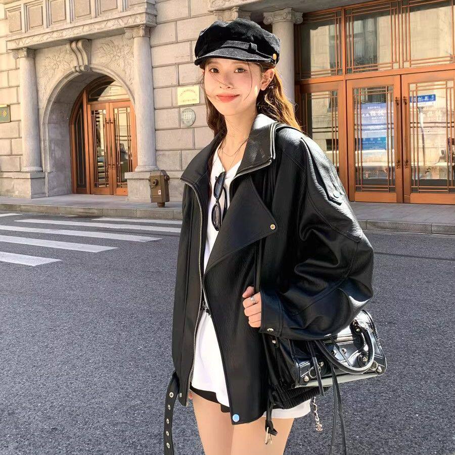 黑色复古机车翻领pu皮衣外套女酷飒风2025春秋新款皮夹克上衣