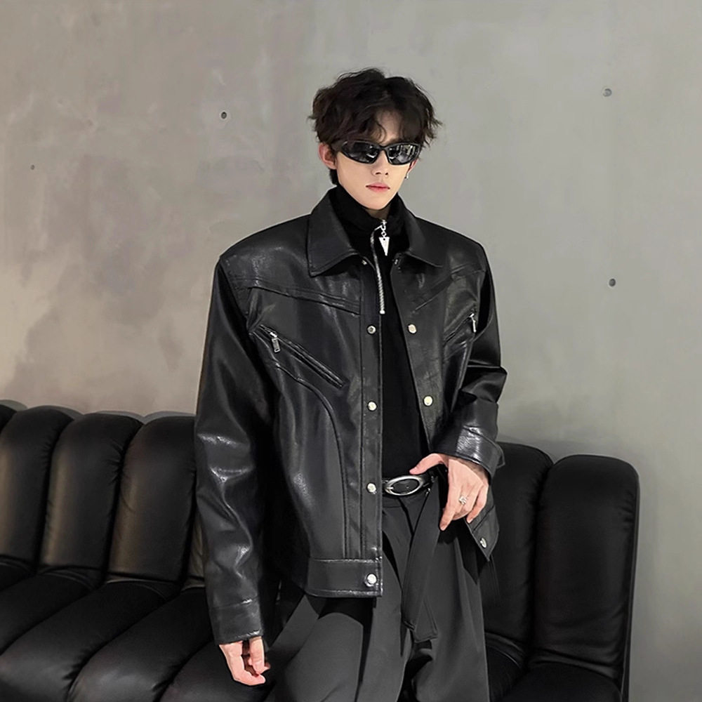 短款垫肩皮衣外套男潮牌痞帅高级感机车服cleanfit美式飞行员夹克