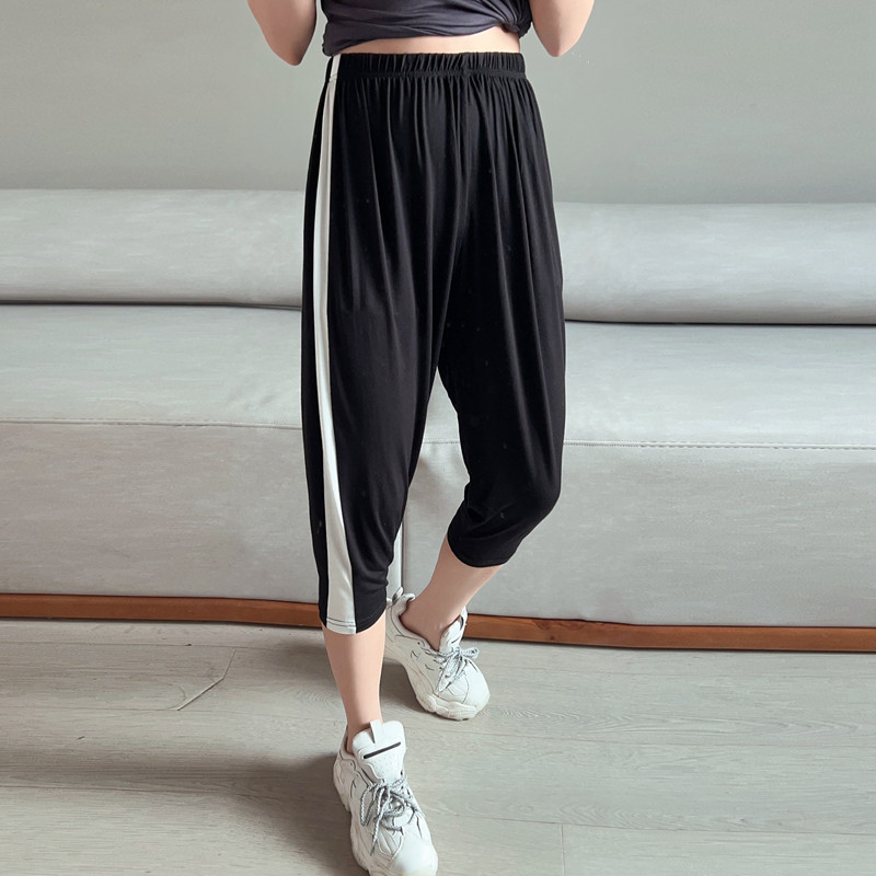 夏季薄款莫代尔外穿七分裤女士修身侧白条休闲裤大码运动裤高腰