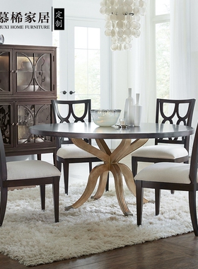 hooker胡克轻奢美式复古做旧圆餐桌别墅餐厅饭桌椅餐台宴会桌定制