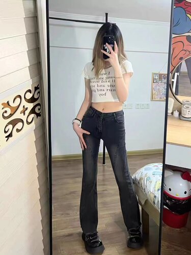黑色毛边高腰显瘦高弹
