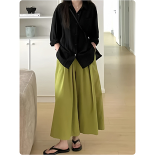韩婷l草绿色九分小个子阔腿裤裙胖mm梨形身材春季慵懒风山本裤裙